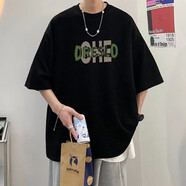 戎諾精梳棉三本針T恤oversize夏季潮牌320g重磅短袖男ins小領(lǐng)口五分袖 黑色 XL