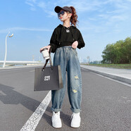 芭梵鼠兒童牛仔褲春秋裝女童破洞褲子新款中大童寬松哈倫褲女孩老爹褲潮 牛仔藍(lán) 140