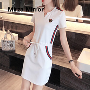 Mirza Mirror連衣裙女夏季新款韓版時(shí)尚女裝中長(zhǎng)款寬松顯瘦短袖氣質(zhì)打底T恤裙 有系帶款白色 L 【100-120】斤