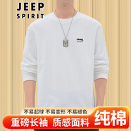 吉普（JEEP）重磅純棉長袖T恤男春秋冬季新款寬松休閑圓領(lǐng)男士青年體恤打底衫 白色 L(建議110-125斤）