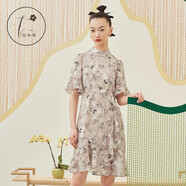 花木深仙鶴印花改良旗袍連衣裙女中長(zhǎng)款中國(guó)風(fēng)泡泡袖立領(lǐng)碎花裙子 卡其印花 XS