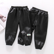 圓圓米米兒童皮褲薄絨秋冬男童女童褲子加絨小童長(cháng)褲洋氣寶寶一體絨褲秋裝 XT8224-一體絨T字拼皮褲 110