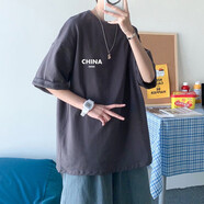 威覺(jué)短袖t恤男夏季純棉潮牌字母印花五分袖青少年學(xué)生圓領(lǐng)寬松上衣 CH款灰色 L碼