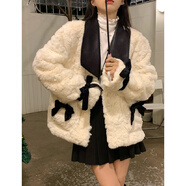 風采兔外套秋冬款女款撞色翻領蝴蝶結小香風羊羔毛絨加厚毛茸茸棉衣 杏色 L