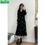 艾妃琳微胖定制“黑天鵝”秋冬燈芯絨法式復(fù)古氣質(zhì)刺繡溫柔顯瘦連衣裙 黑天鵝 S 建議85-100斤