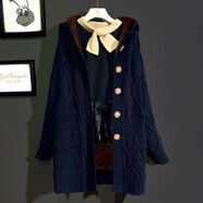 2023粗棒針麻花連帽針織開(kāi)衫修身休閑毛衣外套連帽中長(cháng)款加絨加厚 全身加絨 藏藍 M  100-120斤