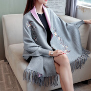 繼方（JIFANG）空調披肩圍巾兩用女秋冬季刺繡加厚帶袖斗篷媽媽外套婚禮旗袍外搭 刺繡小梅花-灰粉