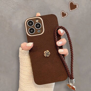 八腳獸ins高級山茶花蘋(píng)果17Promax手機殼16新款iPhone15全包防摔13輕奢手繩14女生硅膠軟殼 金屬圈深棕月坑紋+山茶花+棕花朵手繩 iPhone16 Promax