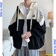 主意范胖子大碼拼接撞色開(kāi)衫衛衣男連帽春季寬松拉鏈重磅休閑外套上衣 A029 V906黑色 XL 125-145斤