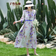子牧棉麻夏裝 女復古圓領(lǐng)寬松抽繩收腰長款七分袖碎花連衣裙3188清45 紫色 L(建議110斤以內(nèi))