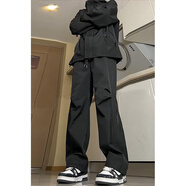 策息沖鋒褲子男秋冬季加絨保暖可選休閑褲寬松運動闊腿男褲直筒長褲 黑色 XL -建議120-140斤左右