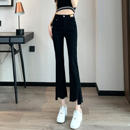 朵沐縵開叉牛仔褲女春秋新款高腰顯瘦九分喇叭褲修身垂感百搭微喇叭褲子 黑色 29碼