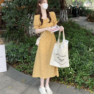 月袖森系V領短袖連衣裙女夏季新款收腰顯瘦泡泡袖開叉碎花中長款裙子 碎花連衣裙質量 S