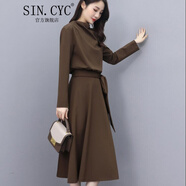 SIN.CYC女裝長袖連衣裙中長款春季時(shí)尚韓版三醋酸 咖色 M