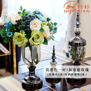 歐式花瓶花藝擺件輕奢客廳插花美式餐桌面家居電視柜干花軟裝飾品 優(yōu)雅黑色花瓶一套【如意藍(lán)玫瑰3束+2束漿果】