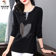啄木鳥(niǎo)長(cháng)袖t恤女裝2025春秋新款洋氣媽m媽上衣大尺碼中長(cháng)款女士打底 黑色 3XL(建議140-160斤)