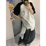 至唯美式撞色插肩袖t恤男夏季純棉重磅寬松短袖無性別潮流休閑5分衣服 黑拼灰 2XL【推薦140-160斤】