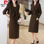 皮爾卡丹（pierre cardin）紅色毛呢套裝裙子秋冬新款喜婆婆婚姻加厚呢料連衣裙女兩件套 咖啡色 M