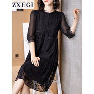 ZXEGI杭州真絲時(shí)尚女士高端連衣裙女氣質(zhì)刺繡年輕款桑蠶絲裙子女中長(zhǎng)款 黑色 2XL