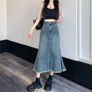 熊司令凱柏諾復(fù)古牛仔半身裙女學(xué)生2023新款高腰顯瘦毛邊中長(zhǎng)款魚(yú)尾裙子 復(fù)古藍(lán) 7XL s建議87-97斤