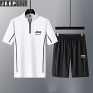 JEEP SPIRIT吉普短袖t恤男潮流上衣冰絲棉打底衫半袖兩件套夏裝白色體恤休閑 白色【短T+短褲】 XL 125-140斤