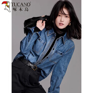 啄木鳥(niǎo)藍色復古牛仔襯衫女秋冬早春新款上衣打底內搭襯衣毛衣疊穿兩件套 牛仔藍襯衫 S