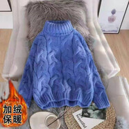 2025年秋冬新款韓版麻花短款高領(lǐng)粗線學(xué)生套頭毛衣女寬松加厚上衣 藍(lán)色 加絨 L
