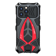 龍豈蘋(píng)果14手機殼金屬邊框iphone14pm加厚全包保護套ip14promax硅膠防摔防塵男女新款外殼三防氣囊定制 iPhone14 黑紅（金屬+軟硅膠）一體防塵塞