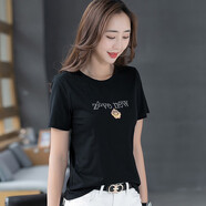 谷卓詩(shī) 字母繡花短袖T恤女夏裝新款圓領(lǐng)修身休閑時(shí)尚半袖體恤衫棉質(zhì)上衣 黑色 2XL （120-130斤）