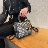 ESDS香港品牌真皮包包女包2025新款刺繡高級感時尚手提戴妃包單肩小包 藍色（專柜禮盒套裝）