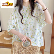 初徑襯衫女夏款2025年新款通勤韓版淑女氣質(zhì)碎花蝙蝠袖棉麻中袖上衣 白底碎花  L 115-130斤