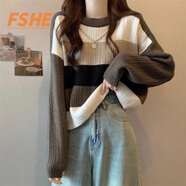 FSHE秋冬2025新款復(fù)古撞色條紋毛衣女日系慵懶風(fēng)軟糯套頭短款修身上衣 咖色[M3135] 均碼