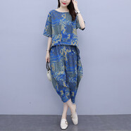 法蘿迪 闊腿褲女休閑褲夏裝新款大尺碼女裝棉麻女裝小香風(fēng)減齡時(shí)尚套裝 藍色 M