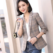 櫻芭妮格子小西裝外套女2025春秋新款修身顯瘦小個(gè)子休閑小西服長(zhǎng)袖上衣 8613杏格七分袖 5XL （148-158斤）