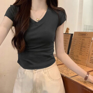 薩姆依純欲短款正肩短袖t恤女2024年新款夏季修身時(shí)尚顯瘦高腰辣妹上衣 黑色 M