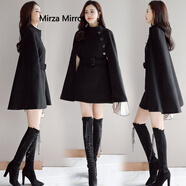 Mirza Mirror毛呢披肩斗篷外套女新款韓版百搭寬松顯瘦流行中長(cháng)款蝙蝠妮子大衣 黑色 內襯加棉 M 大概115-124斤