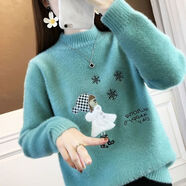 耿銳半高領(lǐng)針織衫女2025春秋新款韓版百搭仿水貂絨套頭毛衣打底衫 豆綠色 M【建議95-110斤】