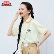 木果果木2022夏季新款修身針織翻領(lǐng)上衣女兔子印花學(xué)院風(fēng)減齡短袖 黃色 S