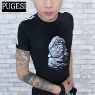 夏季社會(huì )人短袖男精神小伙衣服2020新款帥氣時(shí)尚體恤男士緊身t恤 二杠佛頭黑色 S