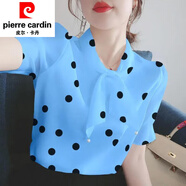 皮爾卡丹長袖T恤襯衫女媽媽春秋裝超仙法式小眾洋氣寬松檔次遮肚女上衣女 藍色 【圓點】 4XL [建議150-165斤]