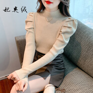 妃奧絨泡泡袖打底衫女秋冬2023年新款毛衣時(shí)髦時(shí)尚洋氣半高領(lǐng)純色針織衫 杏色 S