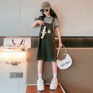 酷樂羊夏天兒童裙子女童連衣裙夏裝2025新款套裝夏款女大童背帶裙夏季潮 墨綠色套裝 170