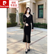 皮爾卡丹（pierre cardin）紫色v領(lǐng)針織連衣裙子女春秋法式收腰魚尾長裙修身打底包臀毛衣裙 黑色 L