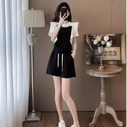 BVX運動休閑套裝女夏季高級感時尚拼接短袖上衣短褲女神范洋氣兩件套 黑色 M