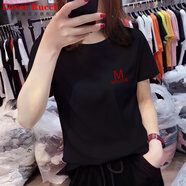 LOVER RUCCI歐洲站2025年新款歐貨潮白色t恤女ins短袖純棉寬松打底衫內(nèi)搭夏裝 220-46黑色 XL 適合115-125斤