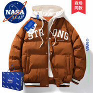 NASA LEAP官方男裝棉服男假兩件連帽秋冬季外套東北加厚棉衣羽面包絨服男女 焦糖 XL （建議130-145斤）