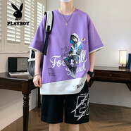 花花公子（PLAYBOY）短袖t恤男孩套裝青少年2024夏季13-15歲高中初中學(xué)生帥氣大童夏裝 XSKD-5816紫色(上衣+褲子) XL