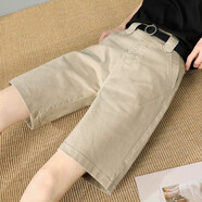 雪沐蓉 高腰牛仔短褲女夏季薄款2022新款直筒寬松闊腿工裝5分中褲五分褲 卡其色 28