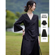 德瑪納國風(fēng)新中式交叉綁帶上衣后橡筋不對稱(chēng)A擺半裙套裝 黑色 L 