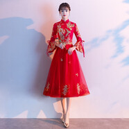 塞德勒敬酒服新娘2025秋季長(zhǎng)袖新中式結(jié)婚遮肚子晚禮服女 大紅色中長(zhǎng)款  XXL